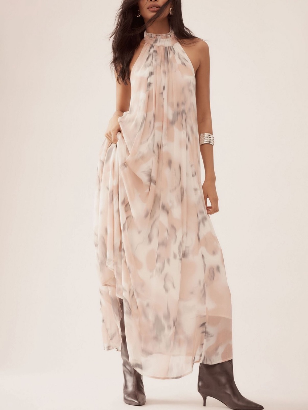 Halter-Neck Pink Marble Maxi Dress